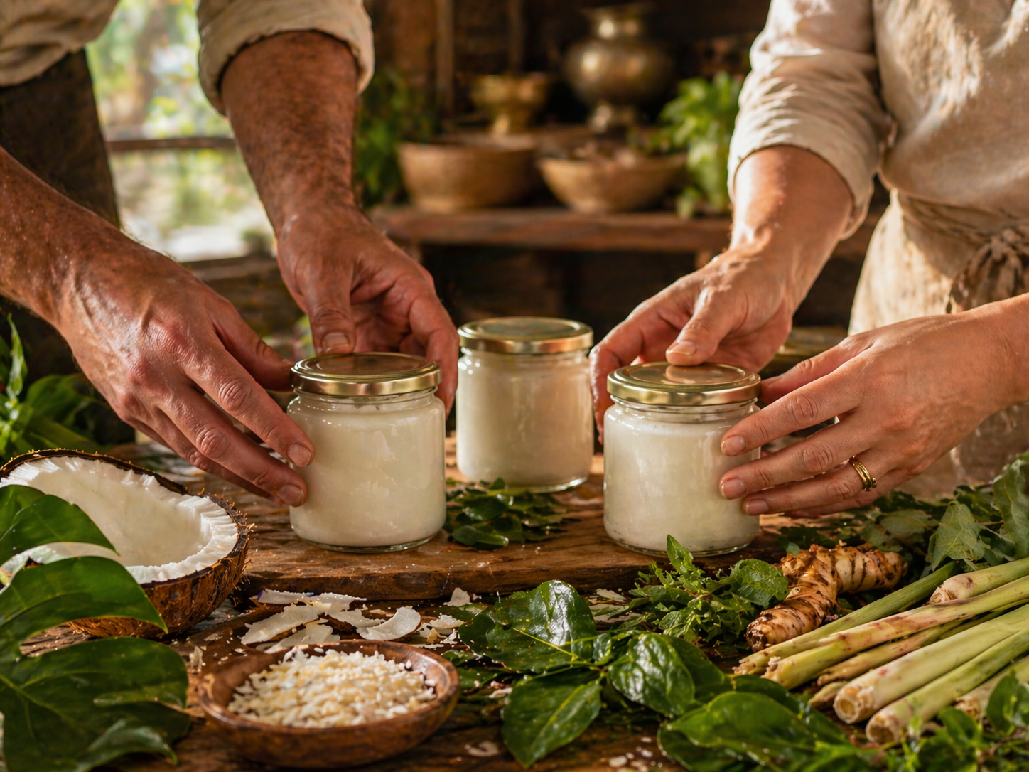 Il team AromThai prepara vasetti di olio di cocco vergine thailandese